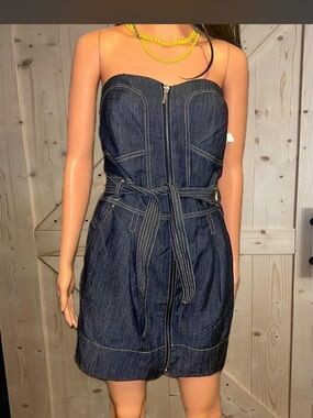 Boom Boom Jeans Dark Blue Denim Strapless Mini Dress with Belt